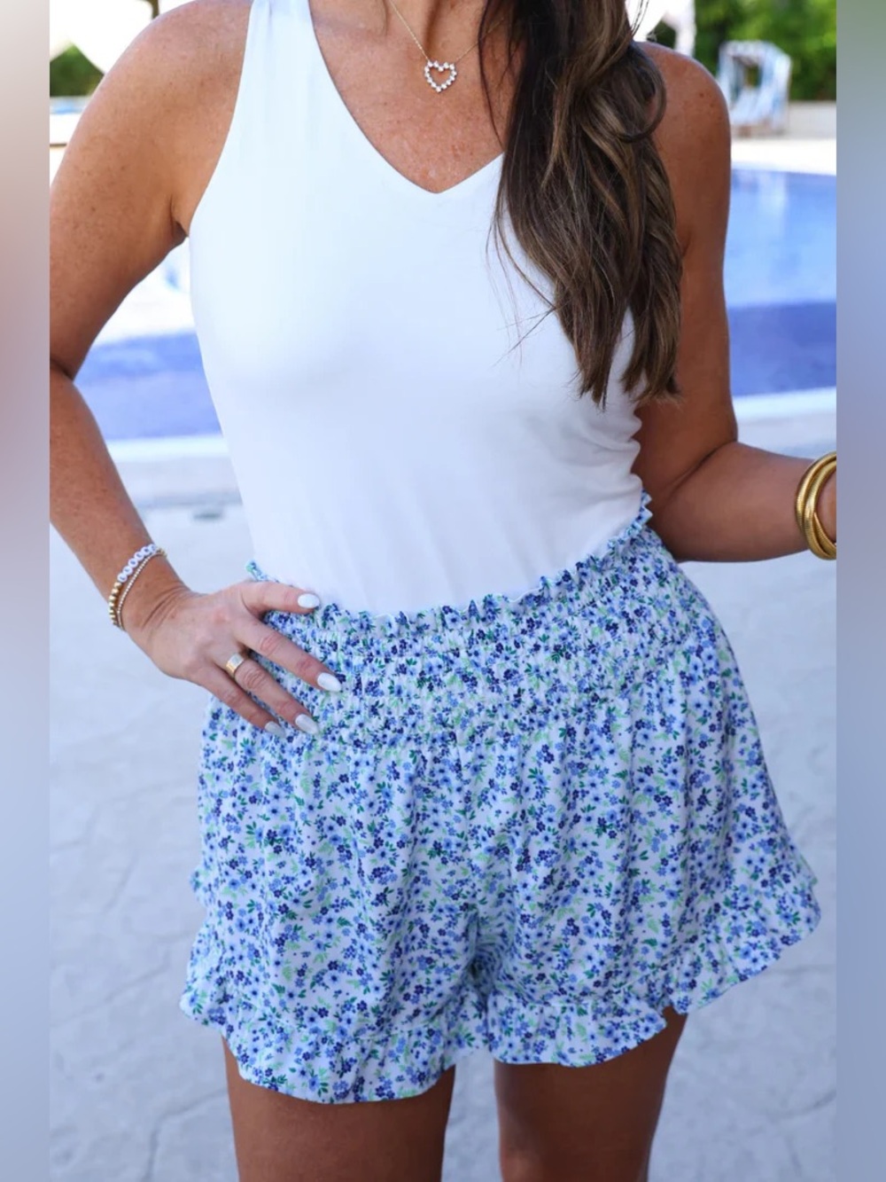 Jess Lea-High-Rise Blue Floral Smocked Waist Shorts